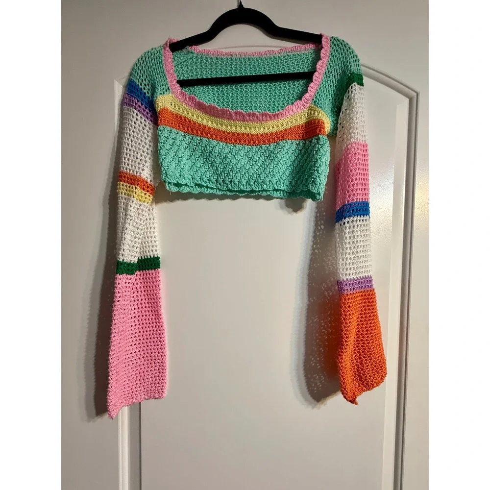 Handmade Crochet Crop Top Small Multicolor Rainbow Flare Sleeve Boho Festival